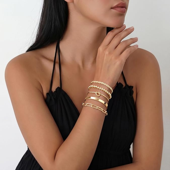 Gokeey Gold Bracelets Set for Women Non Tarnish, Waterproof 14K Gold Plated Sterling Silver Chunky Cuff Bracelet Stackable Gold Bangles Bracelet for Women Trendy Fashion Accessories Tie Knot Cuban Rope Paperclip Beaded Bracelet Stack