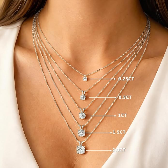shownii 0.25-2CT LAB GROWN Diamond Solitaire Pendant Necklace for Women Certified G-H Color, SI1-VS2 Clarity 14K Gold Plated Sterling Silver Round Cut 4 Prong Setting Jewelry, 16.5"+3" Chain
