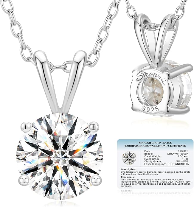 shownii 0.25-2CT LAB GROWN Diamond Solitaire Pendant Necklace for Women Certified G-H Color, SI1-VS2 Clarity 14K Gold Plated Sterling Silver Round Cut 4 Prong Setting Jewelry, 16.5"+3" Chain