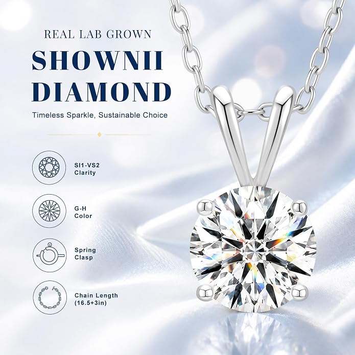 shownii 0.25-2CT LAB GROWN Diamond Solitaire Pendant Necklace for Women Certified G-H Color, SI1-VS2 Clarity 14K Gold Plated Sterling Silver Round Cut 4 Prong Setting Jewelry, 16.5"+3" Chain