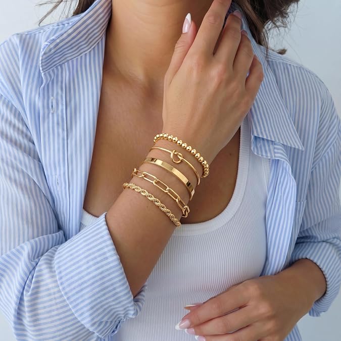 Gokeey Gold Bracelets Set for Women Non Tarnish, Waterproof 14K Gold Plated Sterling Silver Chunky Cuff Bracelet Stackable Gold Bangles Bracelet for Women Trendy Fashion Accessories Tie Knot Cuban Rope Paperclip Beaded Bracelet Stack