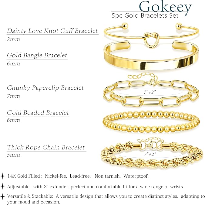 Gokeey Gold Bracelets Set for Women Non Tarnish, Waterproof 14K Gold Plated Sterling Silver Chunky Cuff Bracelet Stackable Gold Bangles Bracelet for Women Trendy Fashion Accessories Tie Knot Cuban Rope Paperclip Beaded Bracelet Stack